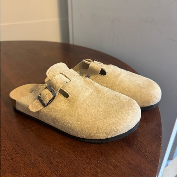 Shoes - Beige Suede Buckle Slip-On Clogs